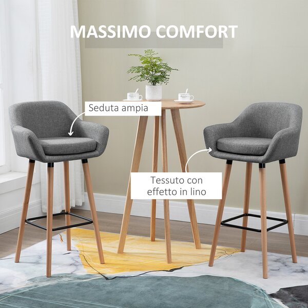 HOMCOM Set di 2 Sgabelli da Bar Moderni con Cuscino, Gambe in Legno e Rivestimento in Tessuto, 55x48x100cm Grigio|Aosom