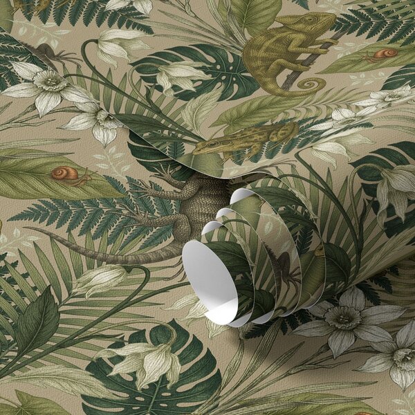 Carta da parati Camaleonti e foglie tropicali, fiori bianchi, sfondo beige, Parati fiori e piante classici, a00608 : Uwalls.it