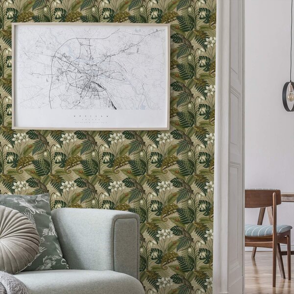 Carta da parati Camaleonti e foglie tropicali, fiori bianchi, sfondo beige, Parati fiori e piante classici, a00608 : Uwalls.it