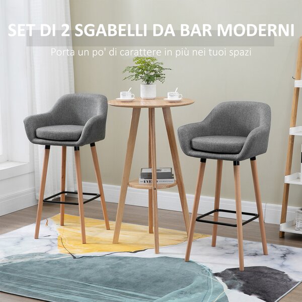 HOMCOM Set di 2 Sgabelli da Bar Moderni con Cuscino, Gambe in Legno e Rivestimento in Tessuto, 55x48x100cm Grigio|Aosom
