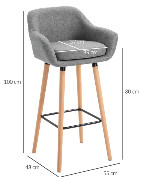 HOMCOM Set di 2 Sgabelli da Bar Moderni con Cuscino, Gambe in Legno e Rivestimento in Tessuto, 55x48x100cm Grigio|Aosom