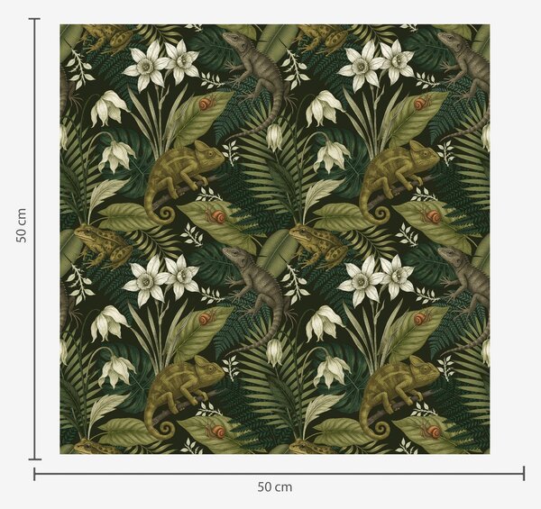 Carta da parati Camaleonti e foglie tropicali, fiori bianchi, sfondo scuro, Parati fiori e piante classici, a00608v1 : Uwalls.it