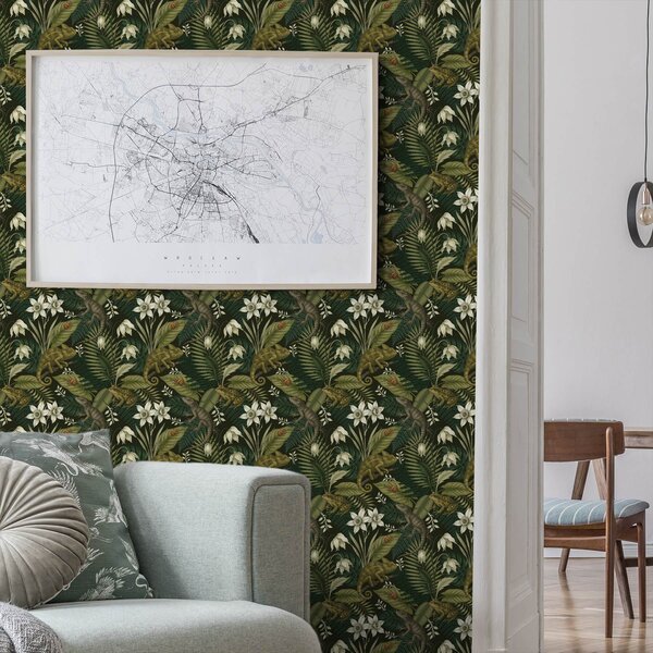 Carta da parati Camaleonti e foglie tropicali, fiori bianchi, sfondo scuro, Parati fiori e piante classici, a00608v1 : Uwalls.it