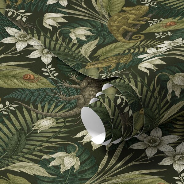 Carta da parati Camaleonti e foglie tropicali, fiori bianchi, sfondo scuro, Parati fiori e piante classici, a00608v1 : Uwalls.it