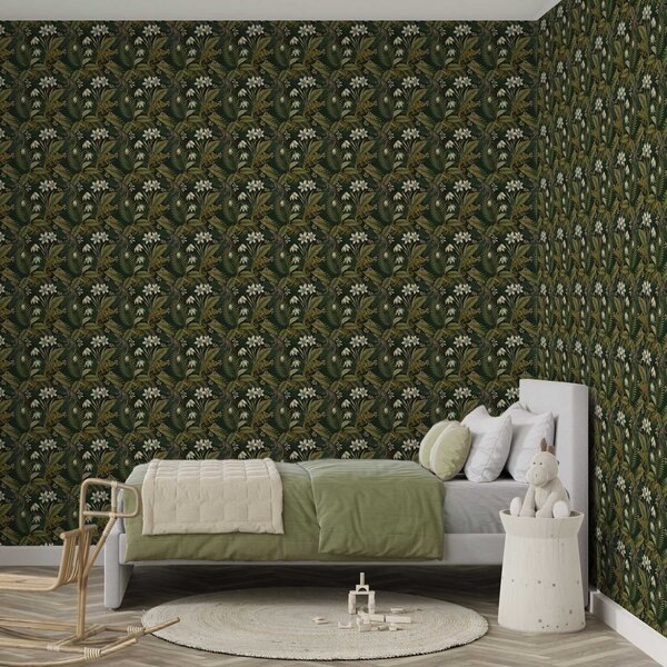 Carta da parati Camaleonti e foglie tropicali, fiori bianchi, sfondo scuro, Parati fiori e piante classici, a00608v1 : Uwalls.it