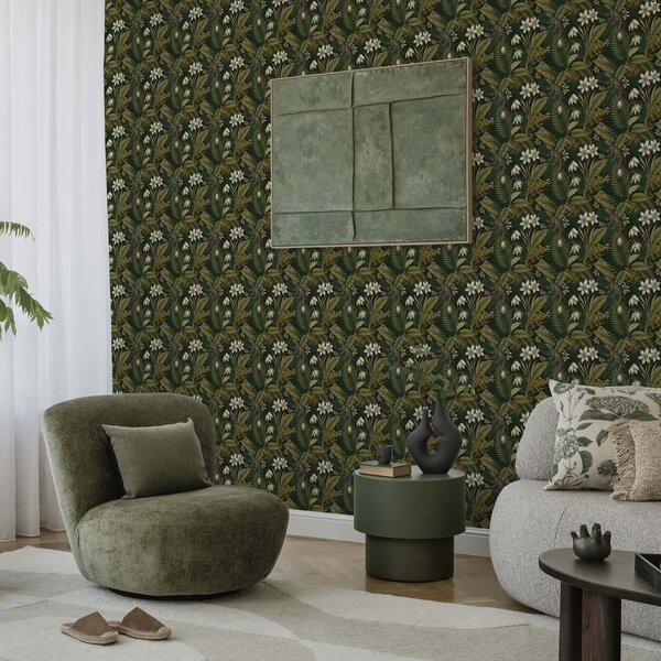 Carta da parati Camaleonti e foglie tropicali, fiori bianchi, sfondo scuro, Parati fiori e piante classici, a00608v1 : Uwalls.it