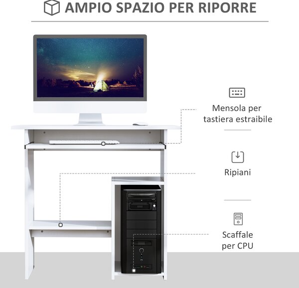HOMCOM Scrivania Porta PC Moderna Salvaspazio, Ripiano per CPU e Mensola Tastiera Estraibile in Legno, 80x45x75cm, Bianco|Aosom