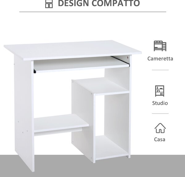 HOMCOM Scrivania Porta PC Moderna Salvaspazio, Ripiano per CPU e Mensola Tastiera Estraibile in Legno, 80x45x75cm, Bianco|Aosom