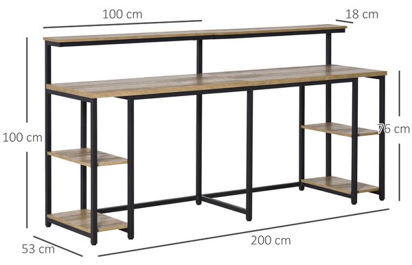 HOMCOM Scrivania Doppia con Scaffali e Mensola per Monitor, Stile Industriale in Metallo e MDF, 200x53x100cm, Nero Marrone|Aosom