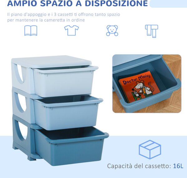 HOMCOM Cassettiera in Plastica Colorata per Cameretta con 3 Cassetti, Arredamento Casa e Asilo 37x37x56.5cm Blu|Aosom