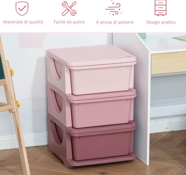 HOMCOM Cassettiera in Plastica Colorata per Cameretta con 3 Cassetti, Arredamento Casa e Asilo 37x37x56.5cm Rosa|Aosom