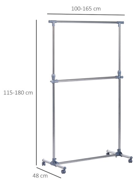 HOMCOM Stender Appendiabiti con Altezza ed Estensione Regolabili, 4 Ruote Girevoli, Acciaio Inox e ABS, 165x48x180cm|Aosom