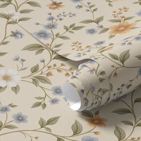 Carta da parati Rami fioriti con fiori blu e pesca, Parati fiori e piante classici, a00575 : Uwalls.it
