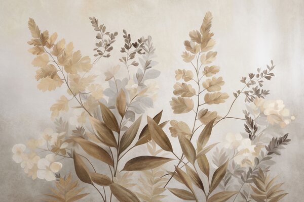 Carta da parati Arte botanica con texture, varie piante e foglie nei toni del marrone e del beige, Carta da parati Buffer, w09979 : Uwalls.it