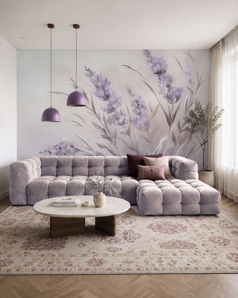 Carta da parati Fiori di lavanda con steli e foglie lunghi, opera d’arte dai toni tenui e dalla texture, Carta da parati Buffer, w10018 : Uwalls.it