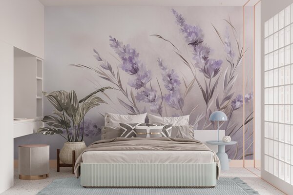 Carta da parati Fiori di lavanda con steli e foglie lunghi, opera d’arte dai toni tenui e dalla texture, Carta da parati Buffer, w10018 : Uwalls.it