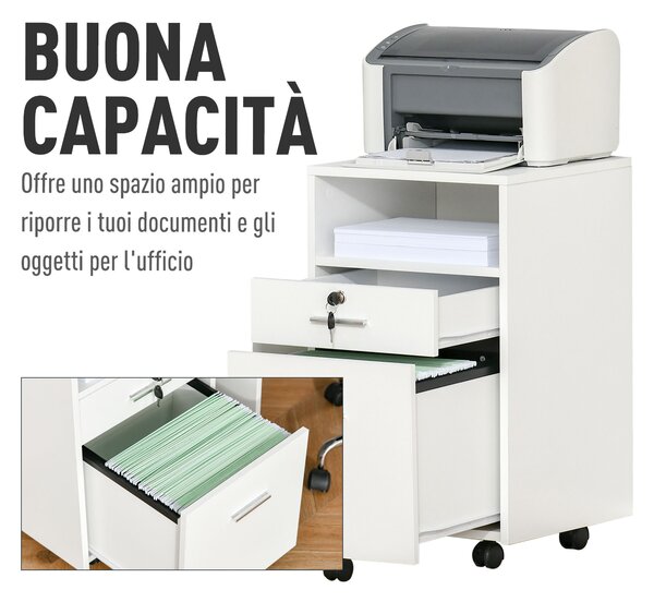 Vinsetto Cassettiera con Chiave, Cassettiera per Scrivania Portadocumenti e Porta Stampante, 2 Chiavi, Bianca|Aosom