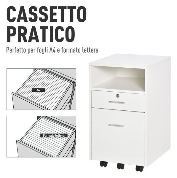 Vinsetto Cassettiera con Chiave, Cassettiera per Scrivania Portadocumenti e Porta Stampante, 2 Chiavi, Bianca|Aosom