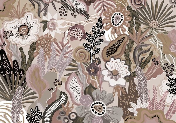 Carta da parati Motivo tropicale in stile pastello con fiori, foglie e tonalità tenui e delicate, Carta da parati Floreale, w05815v1 : Uwalls.it