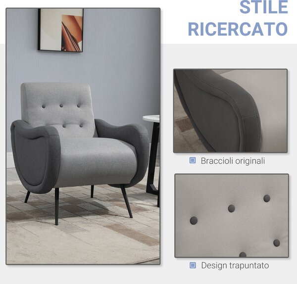 HOMCOM Poltroncina per Camera da Letto o Soggiorno, Poltrona Moderna Imbottita in Tessuto Grigio e Metallo, 72x81x86cm|Aosom