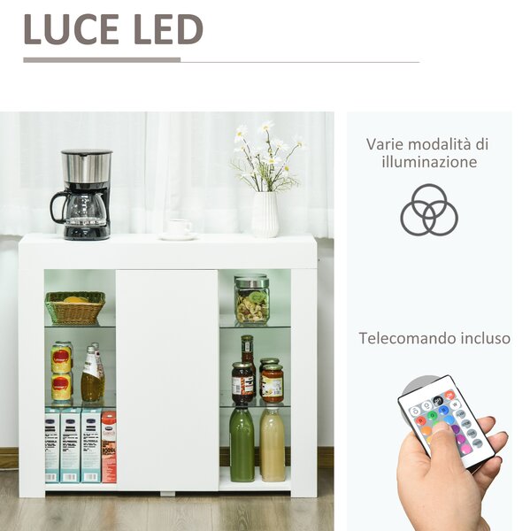 HOMCOM Credenza Moderna a Anta con Luci LED e Mensole in Vetro, Mobile Multiuso in Legno con Finitura Lucida, 97x35x83cm, Bianco|Aosom