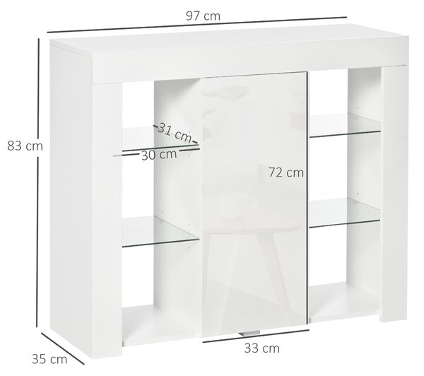 HOMCOM Credenza Moderna a Anta con Luci LED e Mensole in Vetro, Mobile Multiuso in Legno con Finitura Lucida, 97x35x83cm, Bianco|Aosom