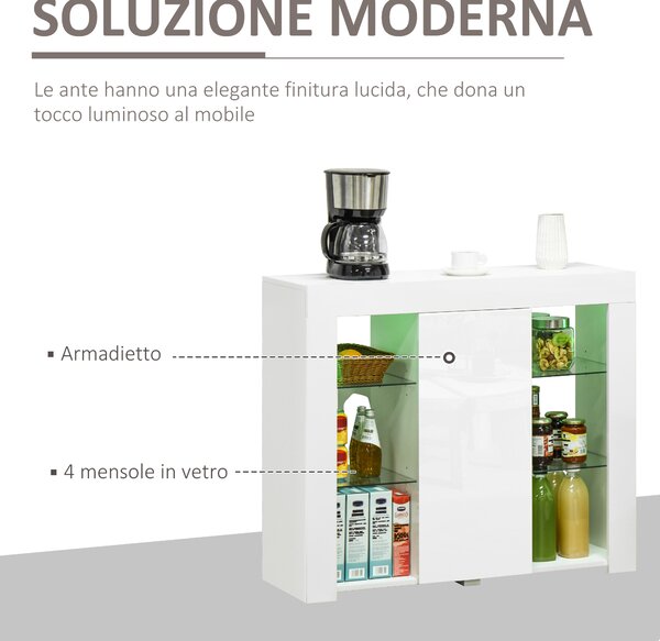 HOMCOM Credenza Moderna a Anta con Luci LED e Mensole in Vetro, Mobile Multiuso in Legno con Finitura Lucida, 97x35x83cm, Bianco|Aosom