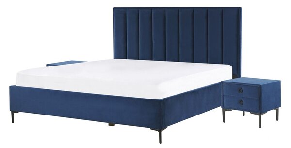 Set camera da letto velluto blu matrimoniale 140 x 200 cm letto con contenitore 2 comodini imbottiti Beliani