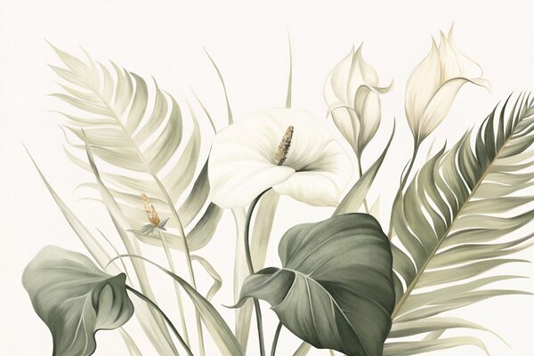 Carta da parati Calla bianche e foglie tropicali verdi, illustrazione botanica, sfondo chiaro, stile, Carta da parati Floreale, w09423 : Uwalls.it