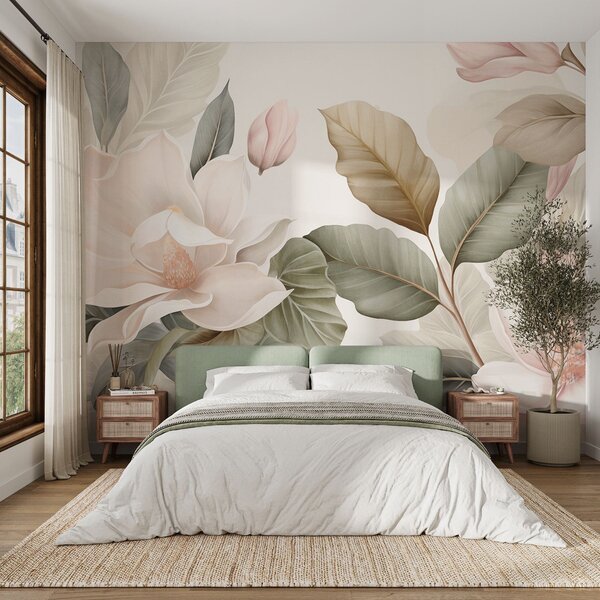 Carta da parati Fiori di magnolia con foglie dai colori pastello, bianco, rosa e verde, morbidi,, Carta da parati Floreale, w09427 : Uwalls.it