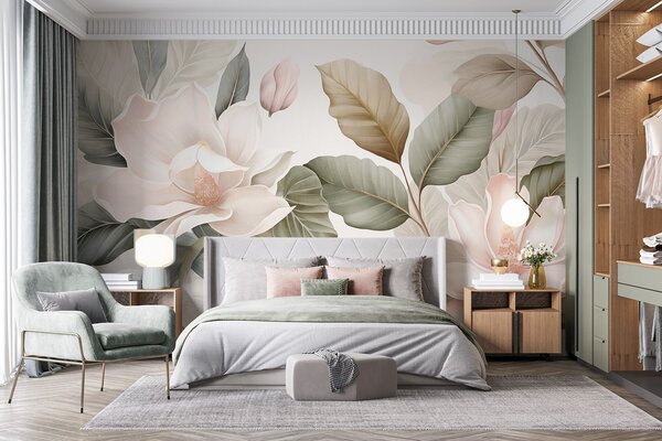 Carta da parati Fiori di magnolia con foglie dai colori pastello, bianco, rosa e verde, morbidi,, Carta da parati Floreale, w09427 : Uwalls.it