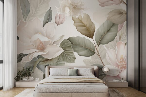 Carta da parati Fiori di magnolia con foglie dai colori pastello, bianco, rosa e verde, morbidi,, Carta da parati Floreale, w09427 : Uwalls.it
