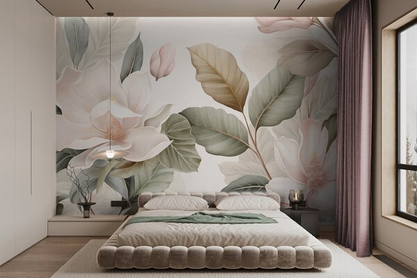Carta da parati Fiori di magnolia con foglie dai colori pastello, bianco, rosa e verde, morbidi,, Carta da parati Floreale, w09427 : Uwalls.it