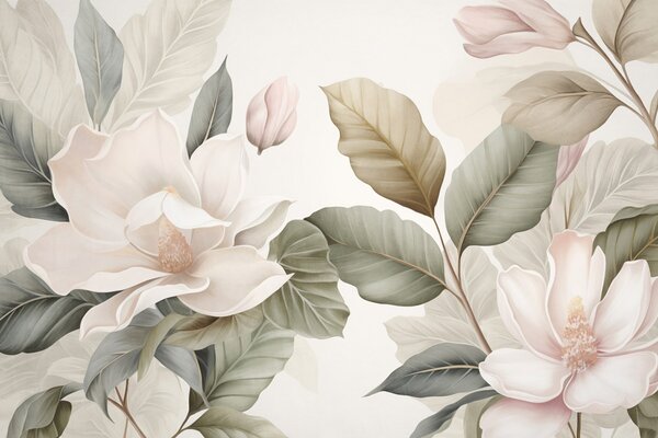 Carta da parati Fiori di magnolia con foglie dai colori pastello, bianco, rosa e verde, morbidi,, Carta da parati Floreale, w09427 : Uwalls.it