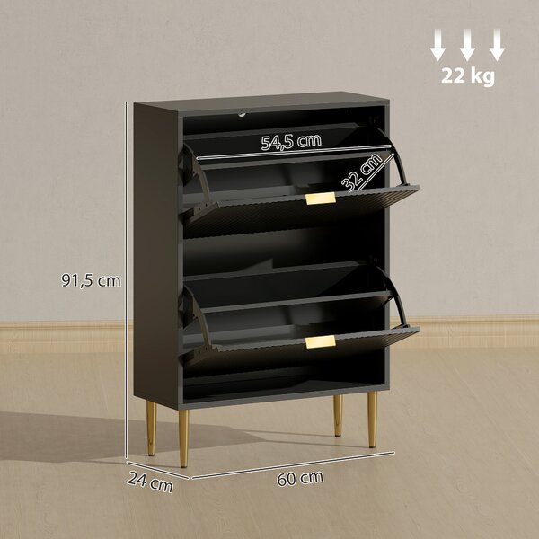 HOMCOM Scarpiera Slim per 12 Paia di Scarpe con 2 Cassetti a Ribalta e Ripiani Regolabili, 60x24x91.5 cm, Nero | Aosom Italy