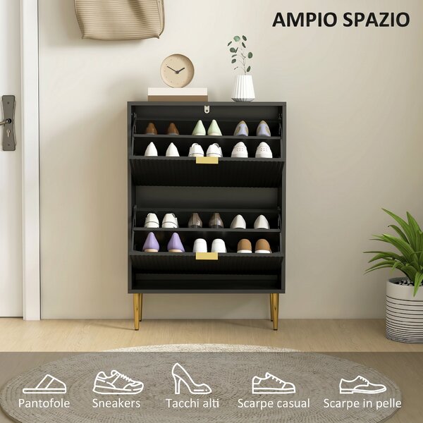 HOMCOM Scarpiera Slim per 12 Paia di Scarpe con 2 Cassetti a Ribalta e Ripiani Regolabili, 60x24x91.5 cm, Nero | Aosom Italy