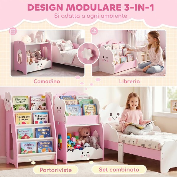 AIYAPLAY Libreria Bambini 3-in-1 con 4 Scomparti e 3 Ripiani, Comodino per Cameretta, Rosa | Aosom Italy