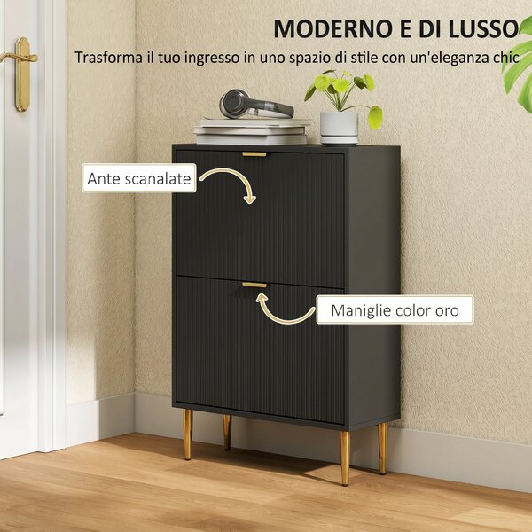 HOMCOM Scarpiera Slim per 12 Paia di Scarpe con 2 Cassetti a Ribalta e Ripiani Regolabili, 60x24x91.5 cm, Nero | Aosom Italy