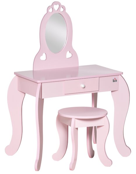 HOMCOM Tavolo da Trucco per Bambini in Legno con Sgabello e Specchio Elegante Cassetto Funzionale Design Rosa per Camera dei Bambini |Aosom