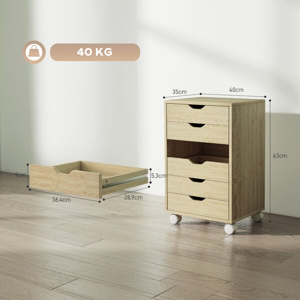 HOMCOM Cassettiera da Ufficio a 6 Cassetti con 4 Ruote e Blocco, 40x35x63 cm, Rovere | Aosom Italy