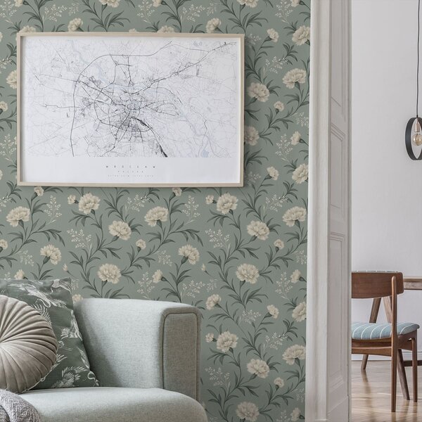 Carta da parati Garofani polverosi su sfondo grigio-verde acqua, stampa raffinata, Parati fiori e piante classici, a00610 : Uwalls.it
