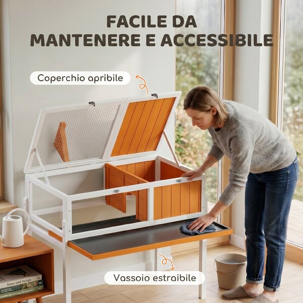 PawHut Casetta Tartarughe Rialzata con Divisorio, Vassoio Estraibile, in Legno e PS, 104x53x82 cm, Arancione e Bianco | Aosom Italy