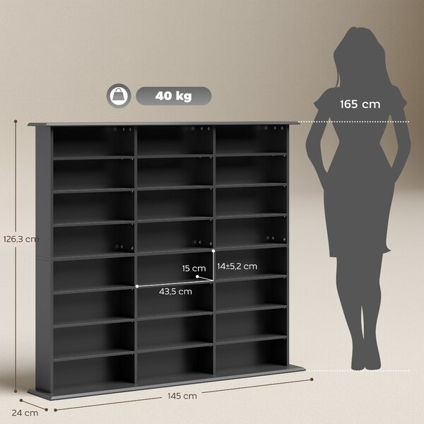 HOMCOM Mobile Porta CD a 8 Livelli con 18 Ripiani Regolabili, 1032 CD/594 DVD/Blu-ray Salvaspazio, con 24 Scomparti, 145x24x126.3 cm, Nero | Aosom Italy