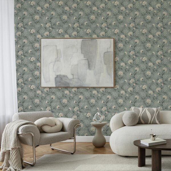 Carta da parati Garofani polverosi su sfondo grigio-verde acqua, stampa raffinata, Parati fiori e piante classici, a00610 : Uwalls.it