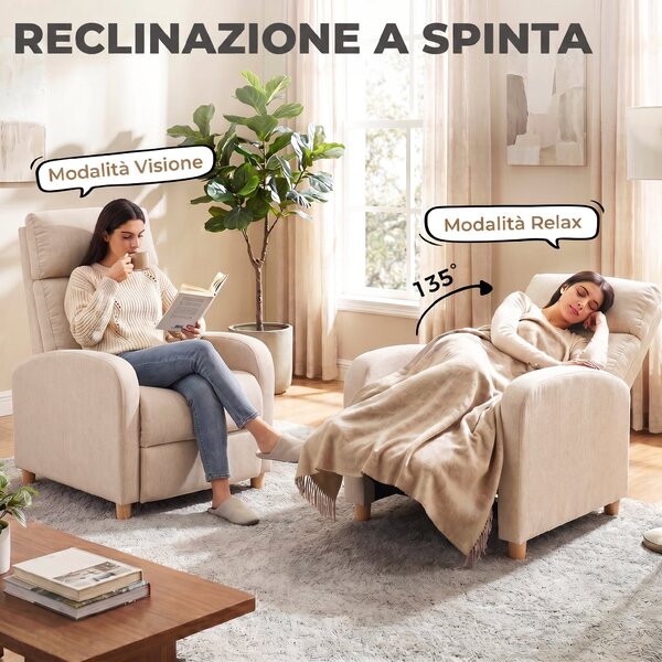 HOMCOM Poltrona Relax Reclinabile Manuale 135° con Poggiapiedi in Tessuto, Beige | Aosom Italy