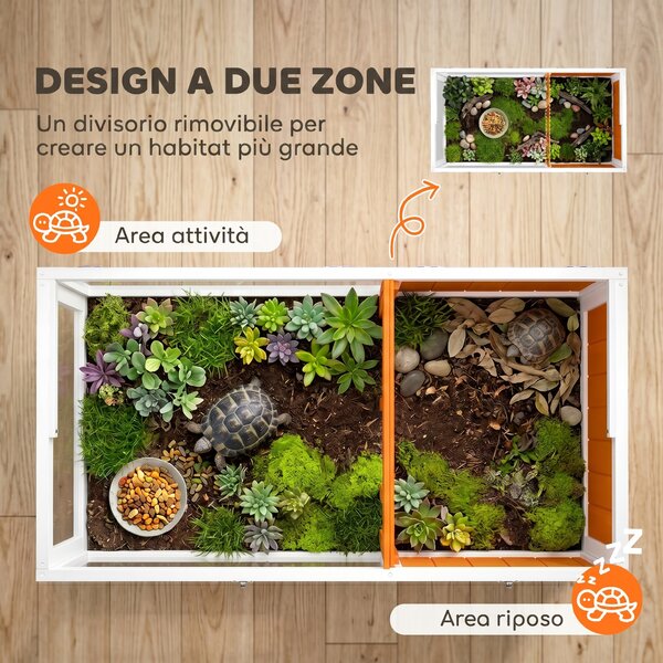 PawHut Casetta Tartarughe Rialzata con Divisorio, Vassoio Estraibile, in Legno e PS, 104x53x82 cm, Arancione e Bianco | Aosom Italy