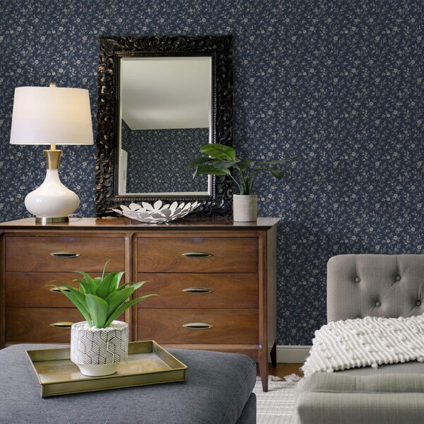 Carta da parati Sfondo blu scuro con sottili rami e fiori beige, Parati fiori e piante classici, a00612 : Uwalls.it