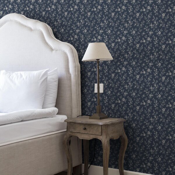 Carta da parati Sfondo blu scuro con sottili rami e fiori beige, Parati fiori e piante classici, a00612 : Uwalls.it