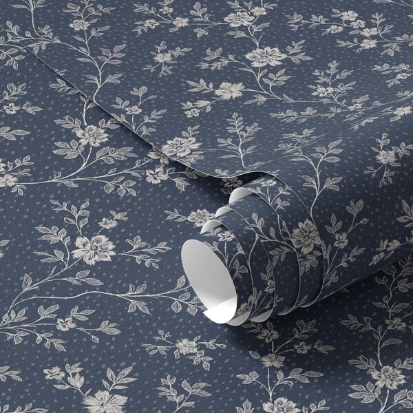 Carta da parati Sfondo blu scuro con sottili rami e fiori beige, Parati fiori e piante classici, a00612 : Uwalls.it