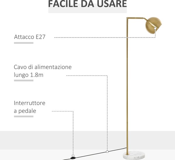 HOMCOM Lampada da Terra Moderna a Piantana Rotonda e Paralume Regolabile Lampada da Salotto e Camera Vintage, E27 40W, Oro|Aosom